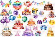 Happy Birthday Clipart Collection, a Decorative Illustration by Watercolor Digital (Thumbnail 2 of 9)