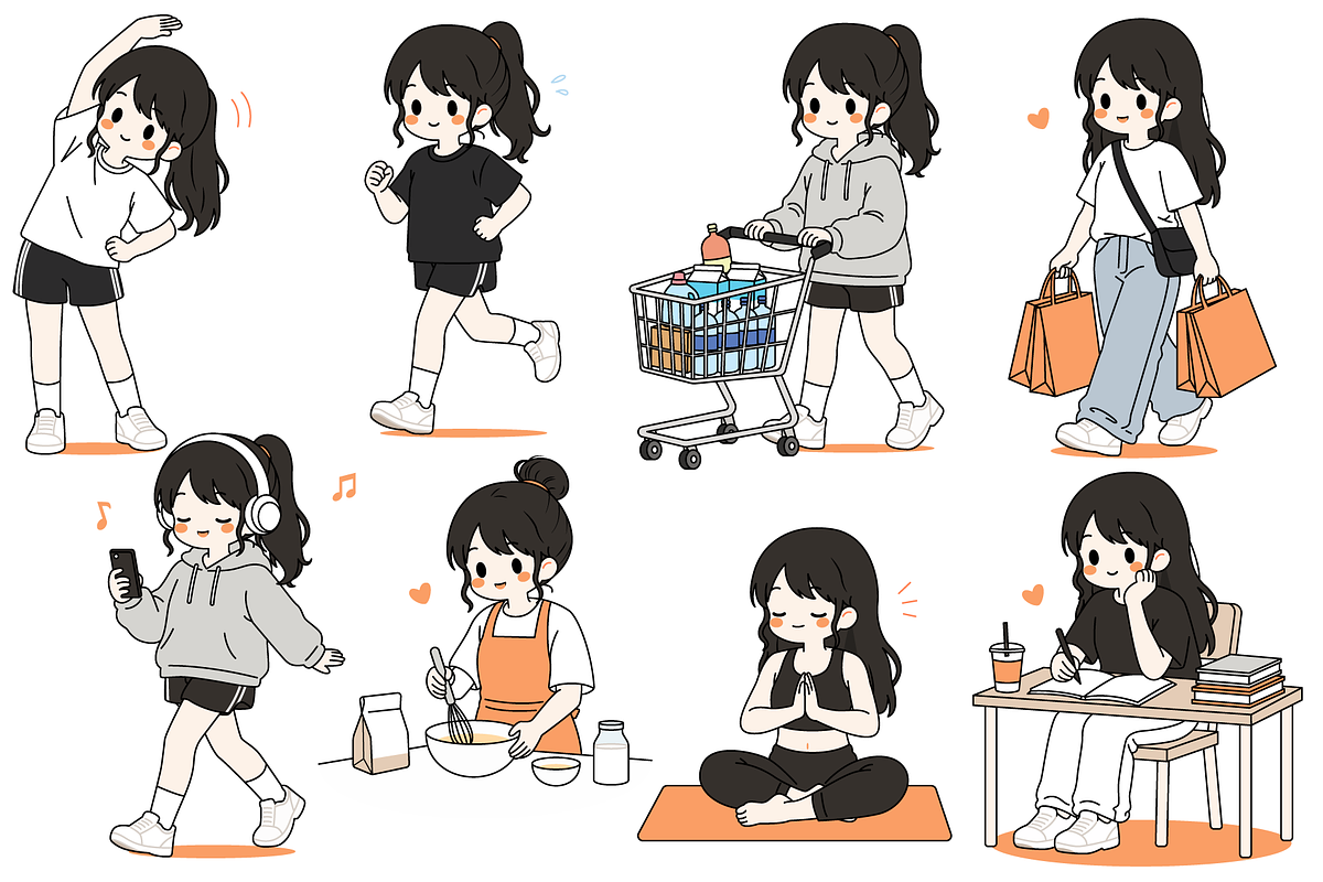 Girl Daily Activities Set Cartoon, a Person Illustration by Artpon Illustration (Photo 1 of 3)