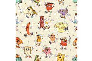 Retro groovy breakfast pattern, a Food Illustration by Buch&Bee