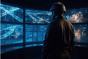A security officer wearing a helmet, a Technology Illustration by Sergey Kotenev