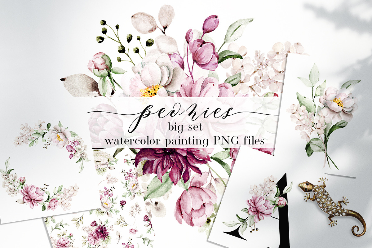 Peonies watercolor set., an Illustration by Larisa Maslova (Photo 1 of 14)