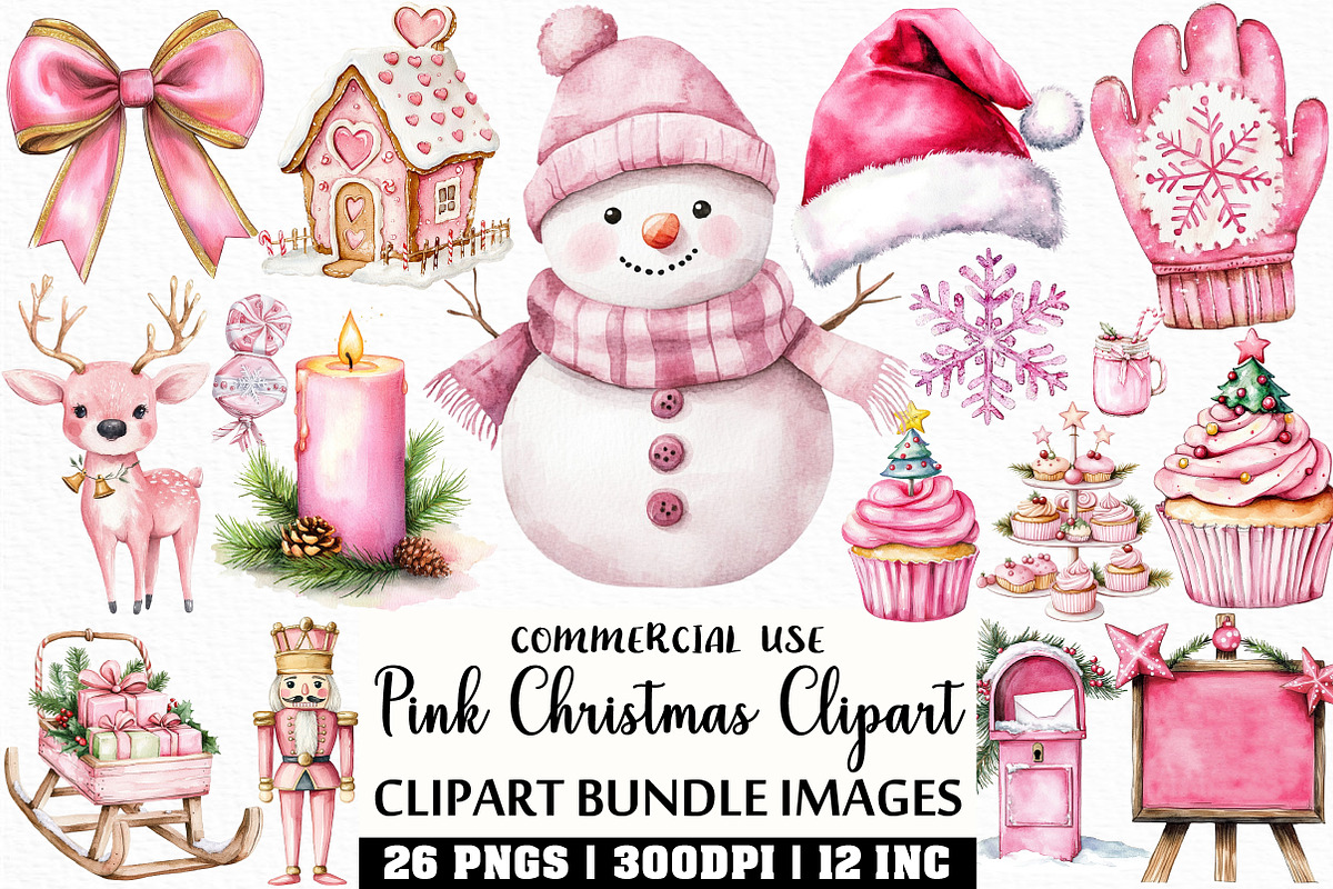 Watercolor Pink Christmas Clipart, an Illustration by Craft Nest (Photo 1 of 6)