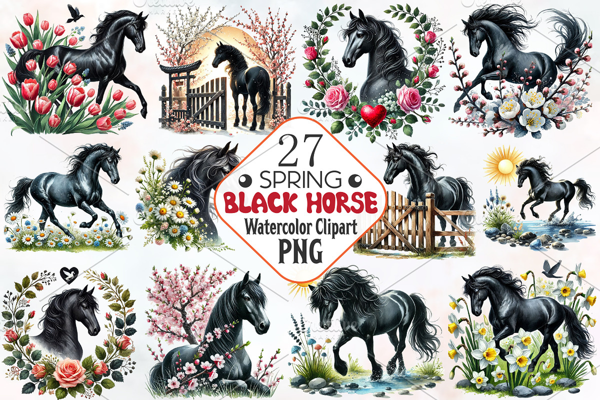 Spring black horse clipart, an Illustration by RobertsArt (Photo 1 of 7)