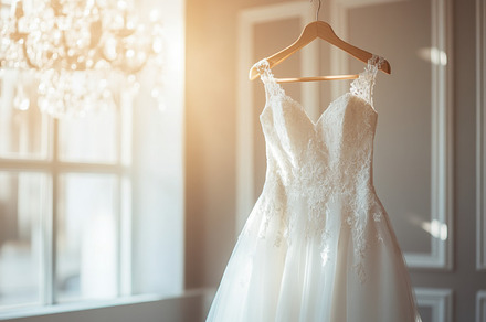 Elegant wedding dress by window, a Photo by Beautiful things