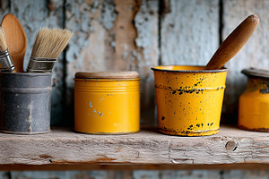 Vintage paint cans and brushes on a, an Arts & Entertainment Photo by MistyDay