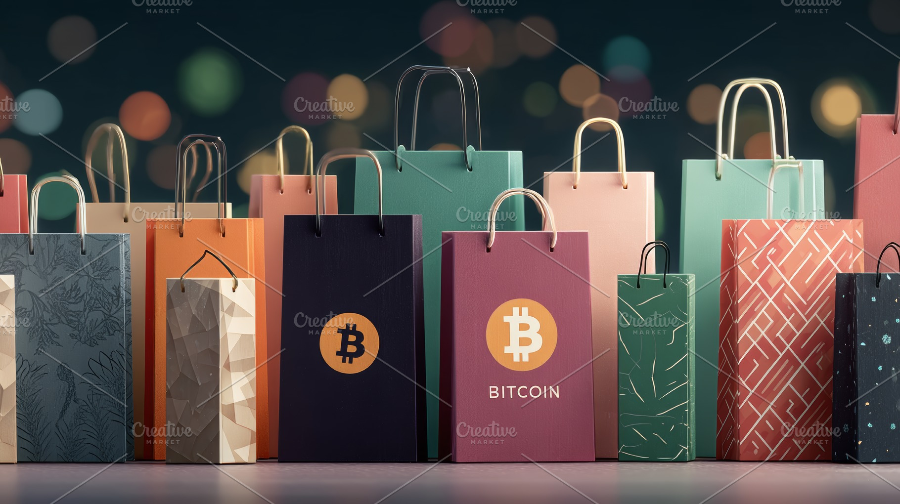 Colorful shopping bags with Bitcoin logo for retail and cryptocurrency commerce, a Photo by AS photostudio
