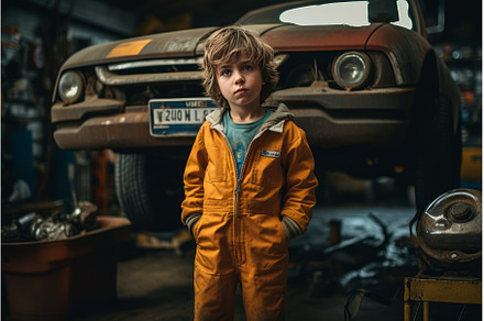 Curious Car mechanic child garage, an Industrial Photo by Ylivdesign