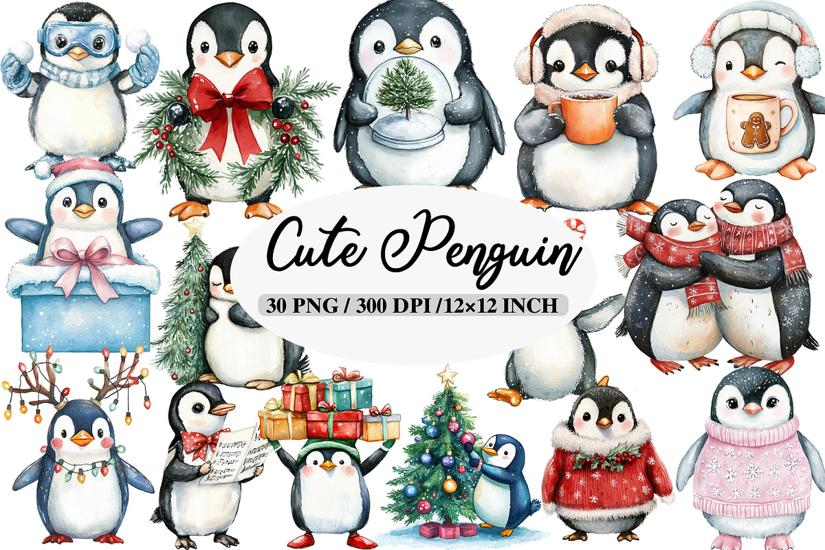 Cute Penguin Christmas Clipart, an Illustration by Daily.Designs (Photo 1 of 5)