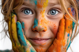 Colorful Holi festival portrait of child with vibrant powder pig, a Person Photo by José Manuel Gelpi
