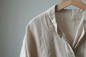 Elegant White Garments on Wooden Hangers Against Neutral Backgro, an Abstract Photo by Natalia Klenova's Shop