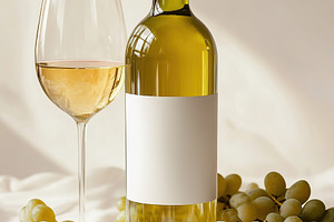 White wine bottle and glass with fresh grapes on a soft cloth, a Food & Drink Photo by AlyaAnd