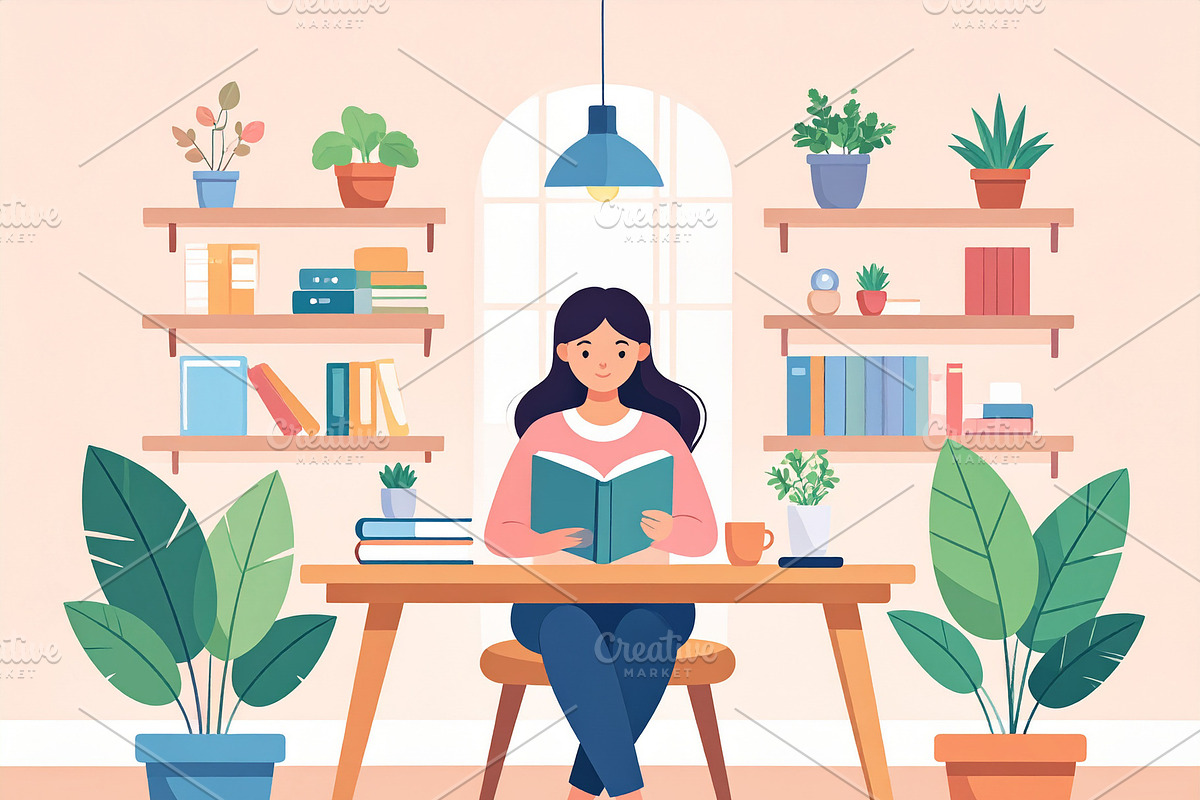 Student deeply concentrated on a book, surrounded by a calm room, an Education Illustration by DanFLCreativo