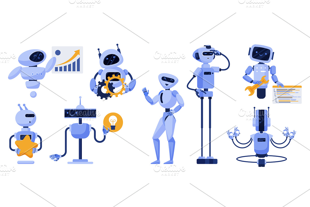 Chatbot set with AI characters, blue, a Technology Illustration by Lemberg Vector