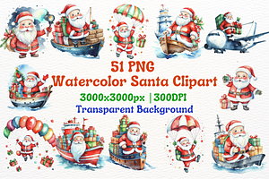 Watercolor Santa Clipart Bundle