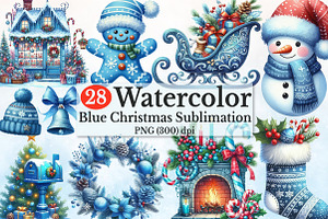 Watercolor Blue Christmas Clipart PN