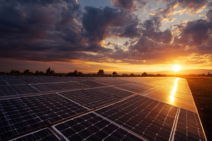 Solar panels at sunset clean energy, a Photo by Pixeness Studio