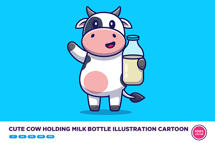 Cute Cow Holding Milk Bottle Cartoon, an Animal Illustration by Catalyst Labs