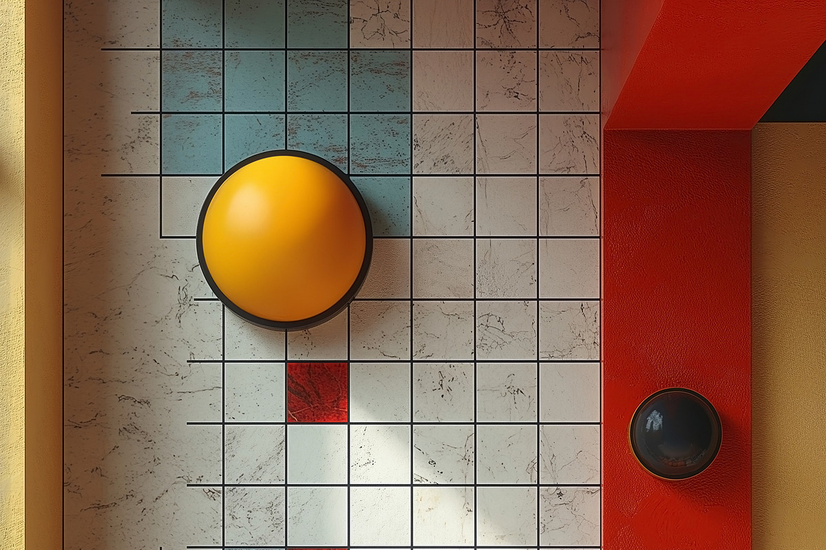 A vibrant interior featuring bold colors and geometric patterns,, a Decorative Illustration by ImageMir