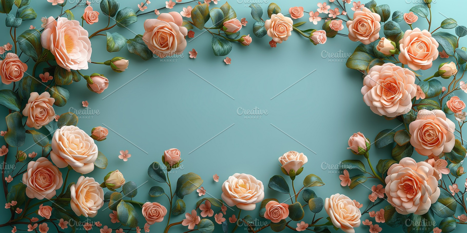 A stunning arrangement of blush roses and delicate blossoms on a soft teal back, a Business Photo by ImageMir