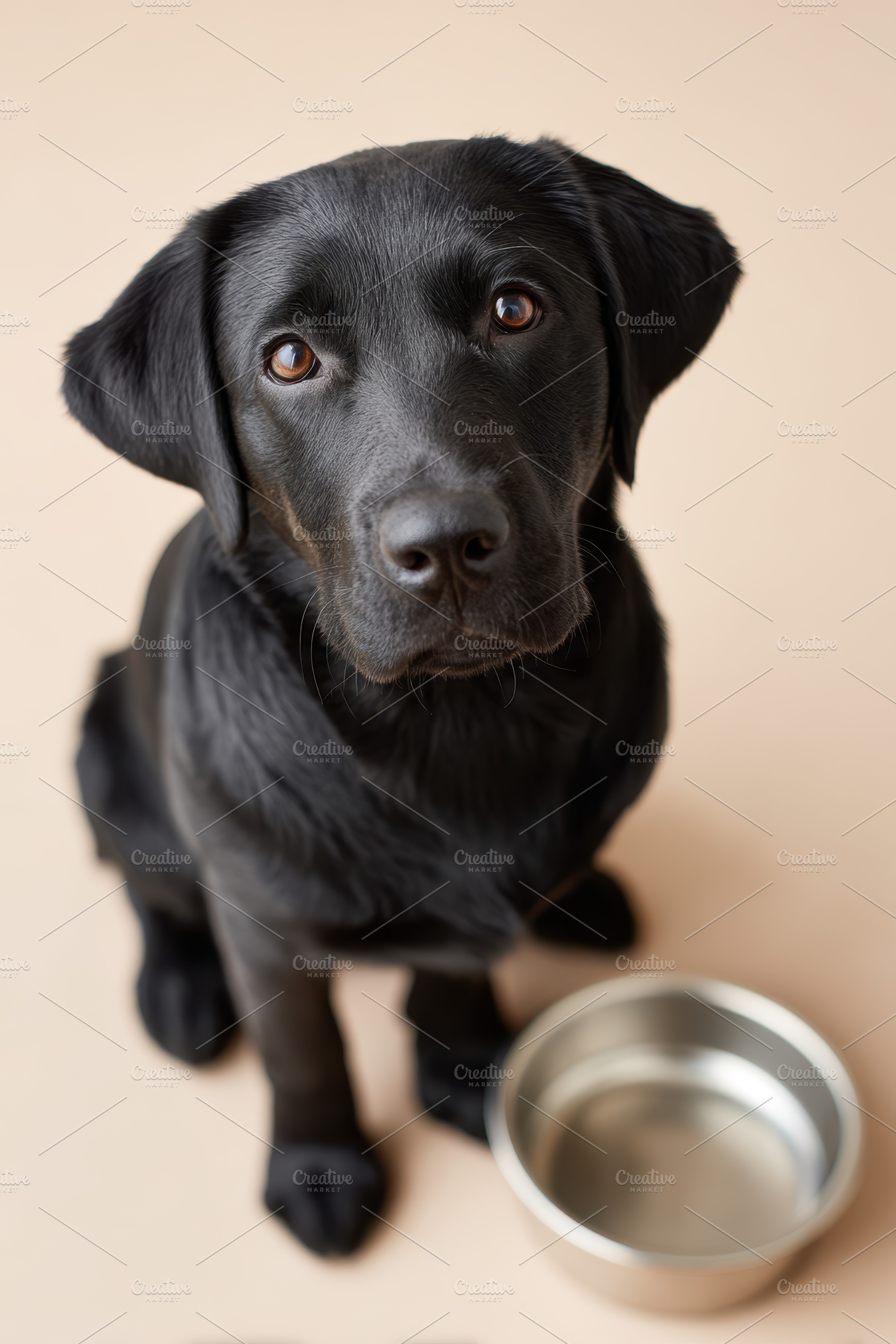 Curious dog near a silver food bowl, an Animal Photo by AlyaAnd