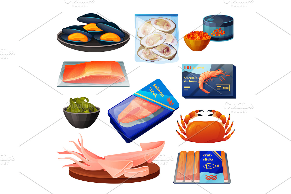 Seafood products, vector icons, a Food Illustration by GenziWorkshop