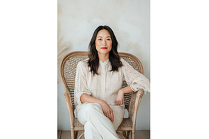 An Asian woman in a lace blouse sits, a Person Photo by Sergey Kotenev