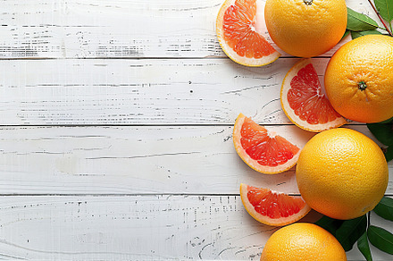 Fresh and tasty grapefruits and green leaves on wooden background, a Food & Drink Photo by AlyaAnd