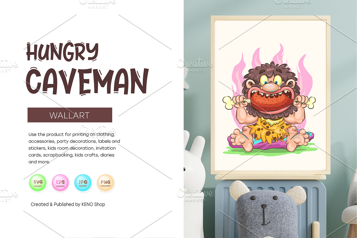 Cartoon Hungry Сaveman. Tshirt, PNG., a Person Illustration by KENO Mascots (Photo 6 of 7)