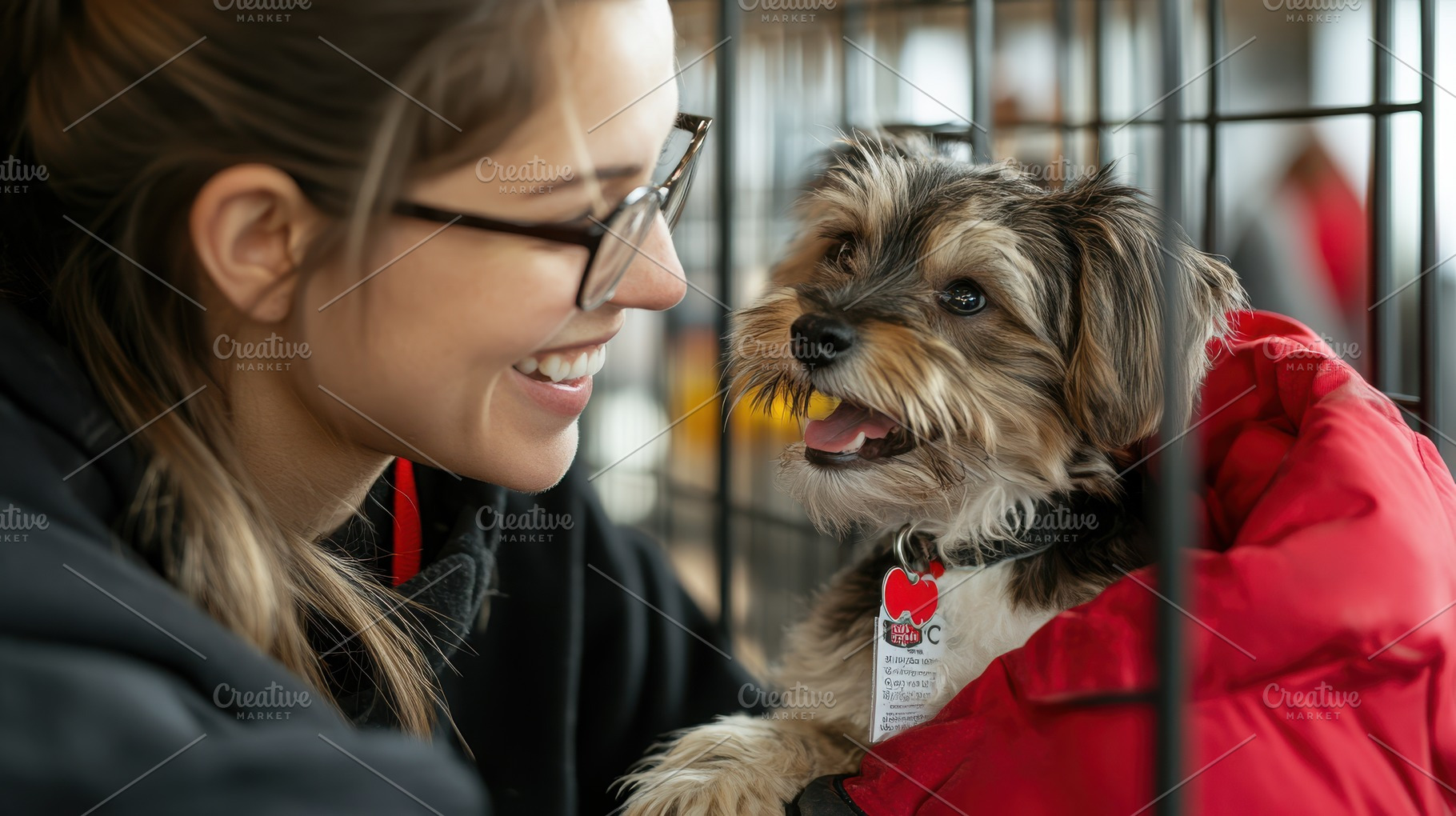 Smiling woman gazing at an adorable, an Animal Photo by Pixeness Studio