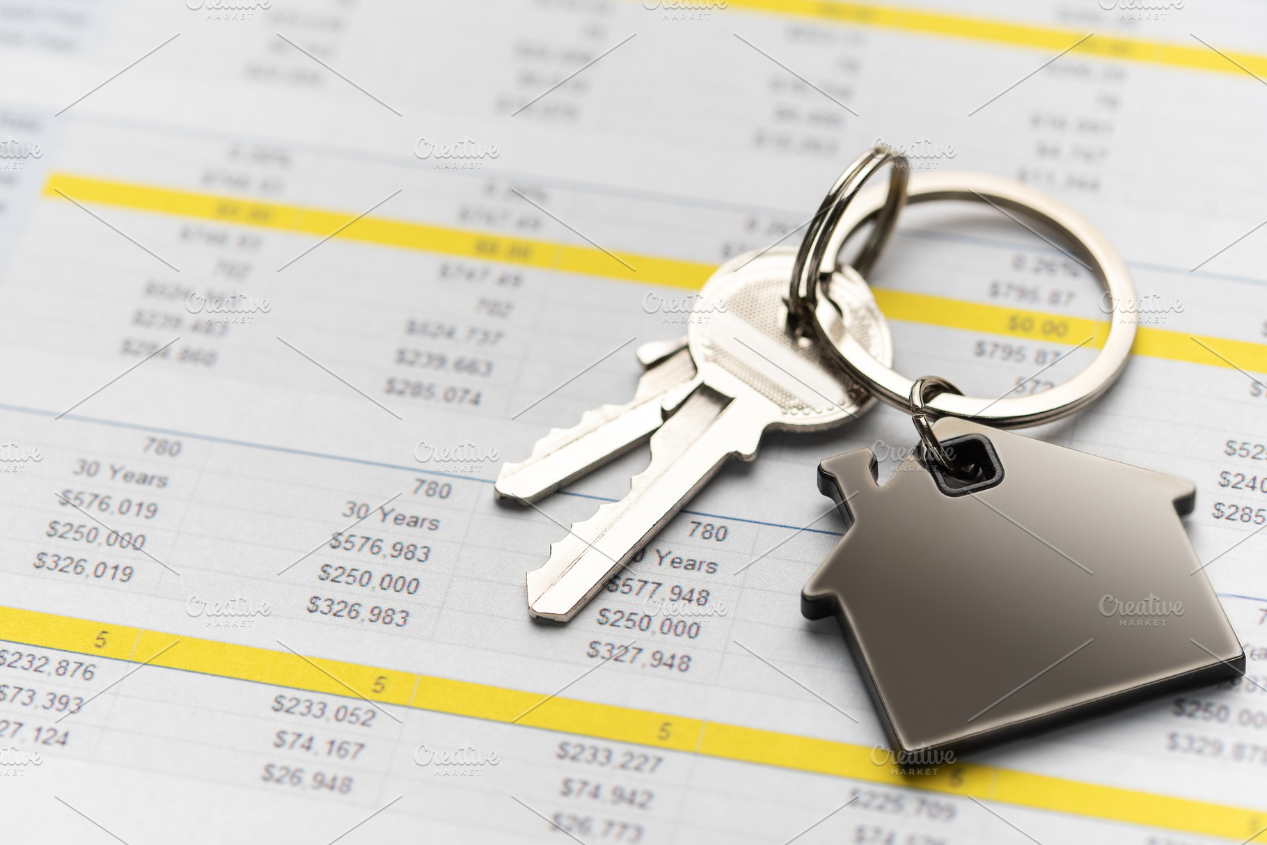 House keys with home charm on financial spreadsheet, a Business Photo by Olena Rudo