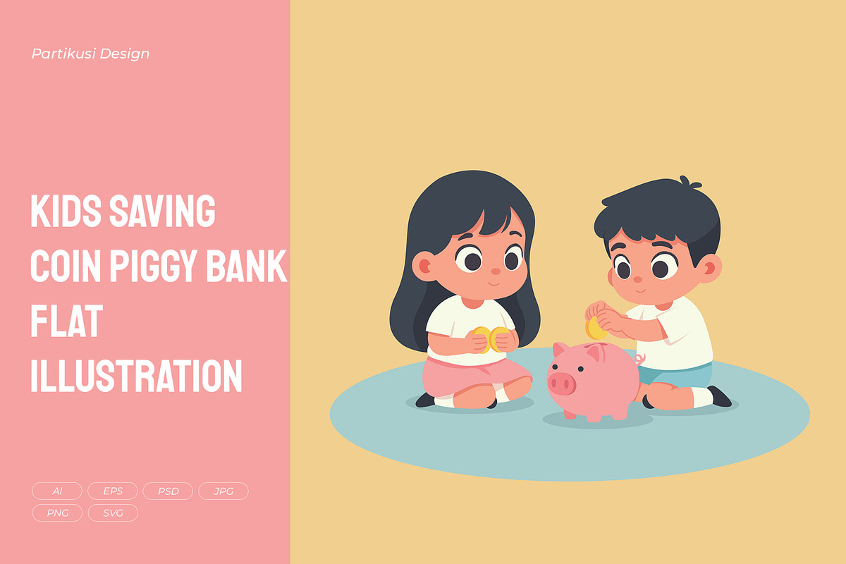 Kids Saving Coin Piggy Bank Flat, a Person Illustration by Partikusi Design (Photo 1 of 3)