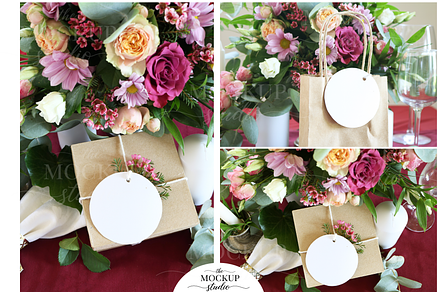 Burgundy Round Gift Tag Mockup