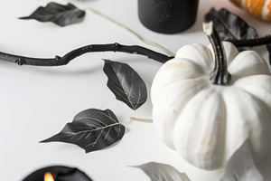 Elegant Halloween white pumpkins with black candles, a Nature Photo by José Manuel Gelpi