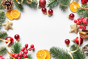Christmas holiday decoration with pine branches and ornaments fr, a Holiday Photo by Olena Rudo