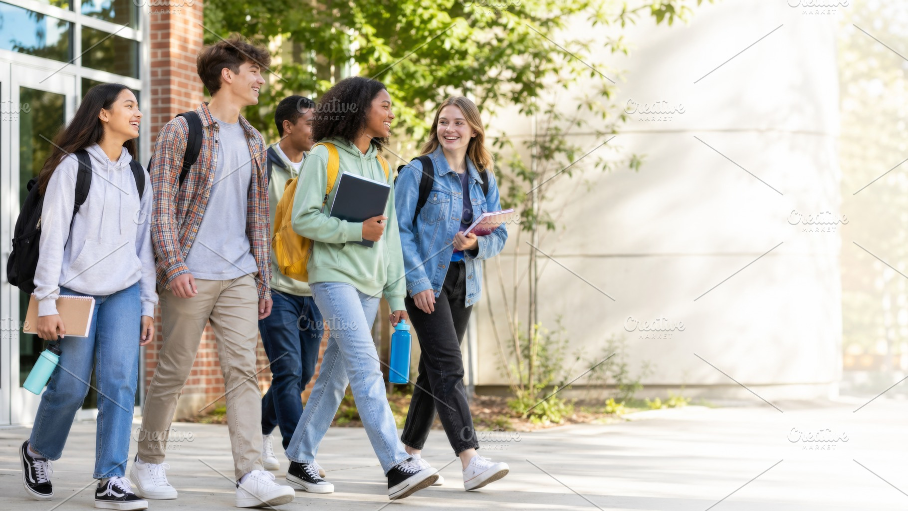 Group of diverse students walking on, a Photo by Dvoevnore photos