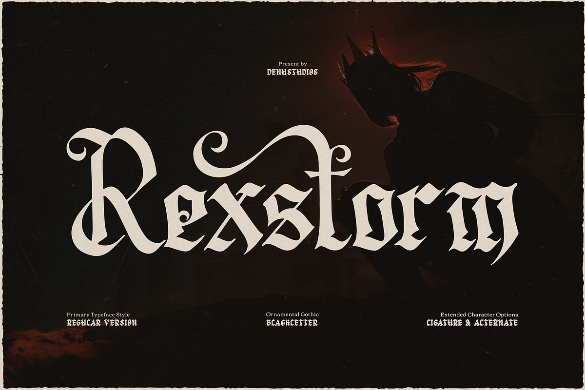 Rexstorm | Blackletter Typeface, a Blackletter Font by Denustudios (Photo 1 of 12)