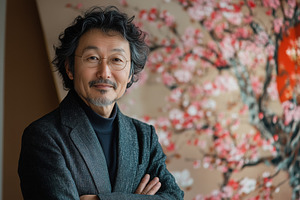Japanologist. A middle-aged man with curly hair and glasses stands confidently, a Person Photo by Textures & Backgrounds