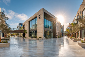Modern shopping plaza sunlit walkway, a Photo by Pixeness Studio
