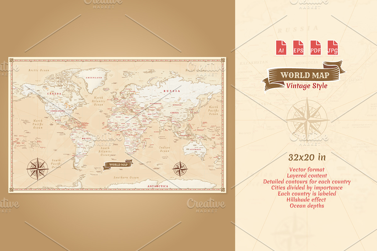 World Map Vector - Vintage Style, an Education Illustration by AdrianDragne (Photo 1 of 4)