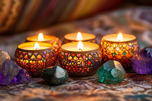 Cozy Candlelight with Crystals and Ornate Holders, an Abstract Photo by Natalia Klenova's Shop