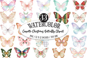 Coquette Christmas Butterfly Clipart, an Illustration by Designking