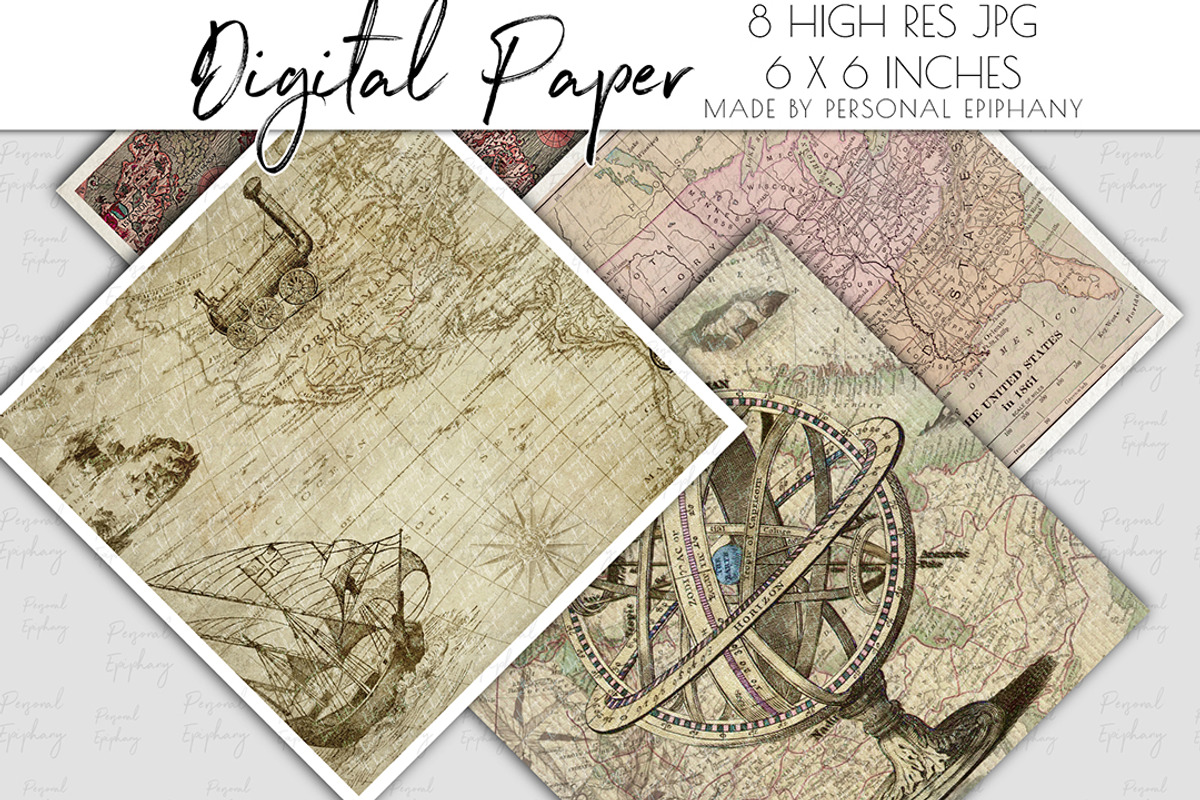 Vintage map digital paper pack, old, a Pattern Graphic by Personal Epiphany (Photo 2 of 3)