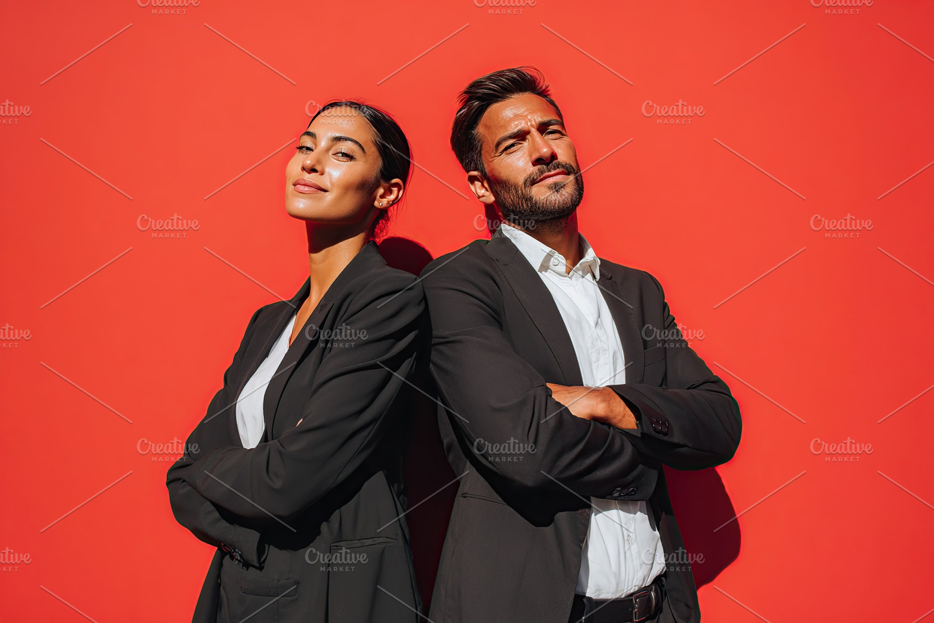 Confident professionals pose together against a vibrant red backdrop during day, a Photo by AlyaAnd