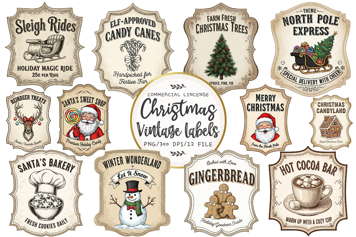 Christmas Vintage Labels Sublimation, an Illustration by OK Design (Photo 1 of 3)