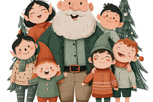 Santa Claus with elves and children posing in snowy forest durin, a Person Photo by José Manuel Gelpi