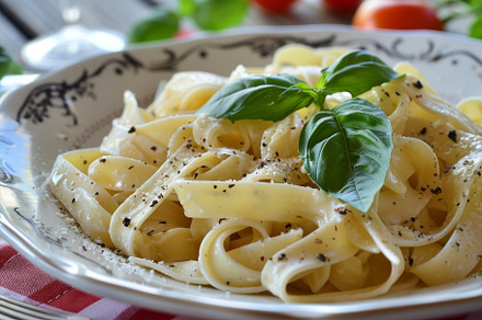 A plate of freshly made fettuccine p, a Photo by Tanuart