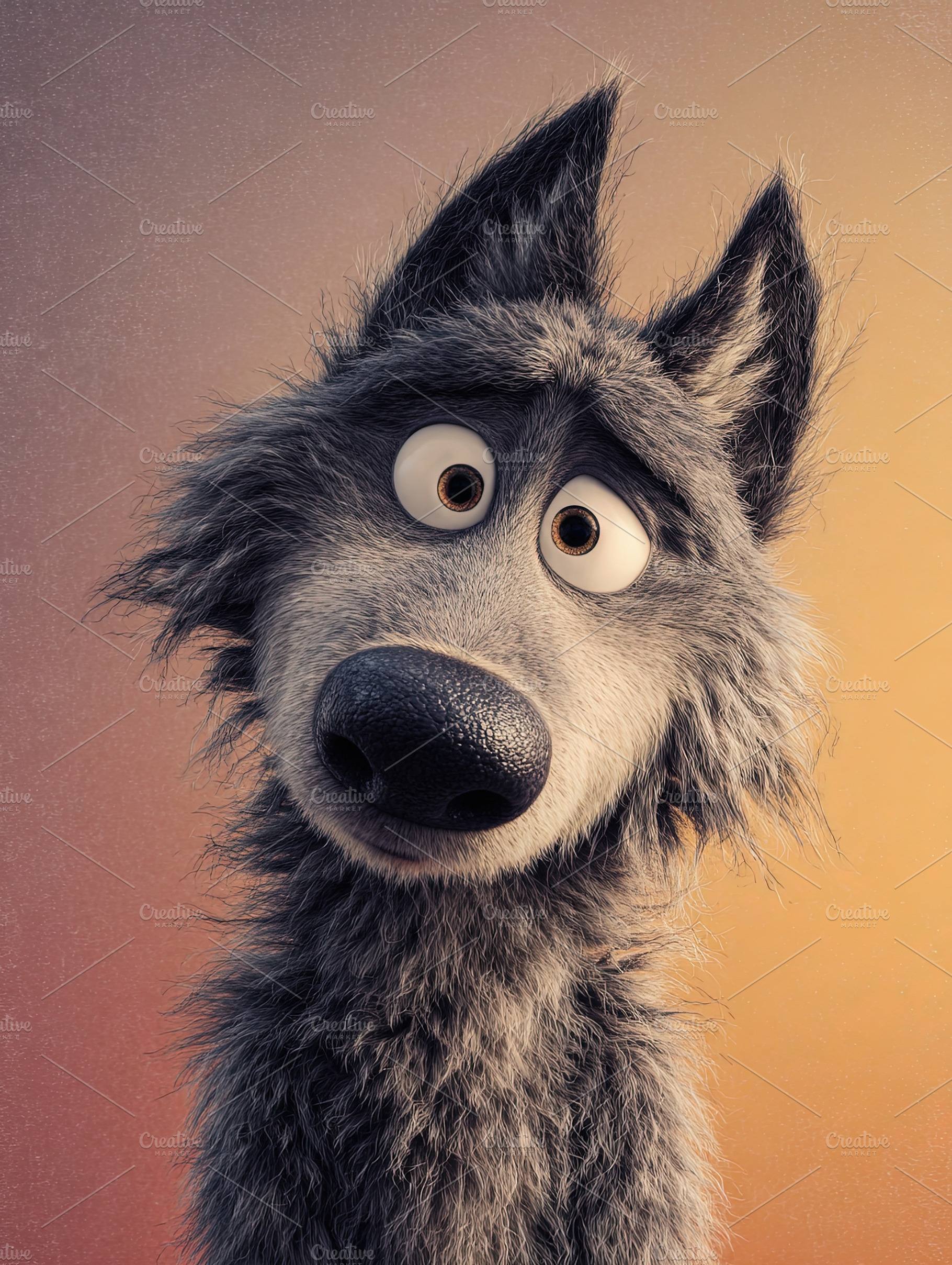 Playful illustration of a wide-eyed cartoon wolf against a soft, an Animal Photo by Ales Munt
