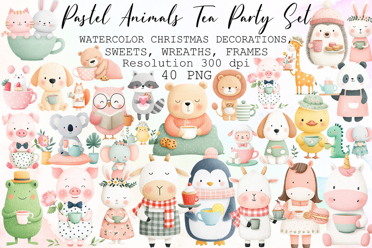 Pastel Animals Tea Party Clipart Set, an Illustration by Sublimation Artist (Photo 1 of 6)