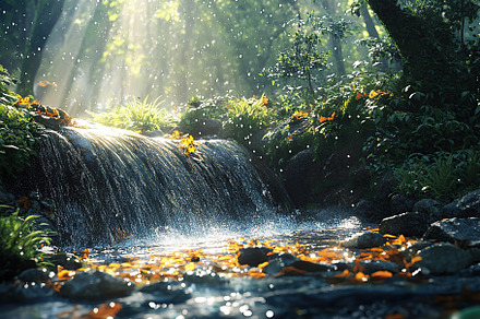 Stream of water flowing down in the forest with sun rays, a Nature Photo by AlyaAnd