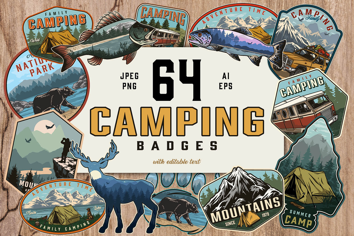 64 Retro Camping badges, a Branding & Logo Template by DGIM studio (Photo 1 of 7)
